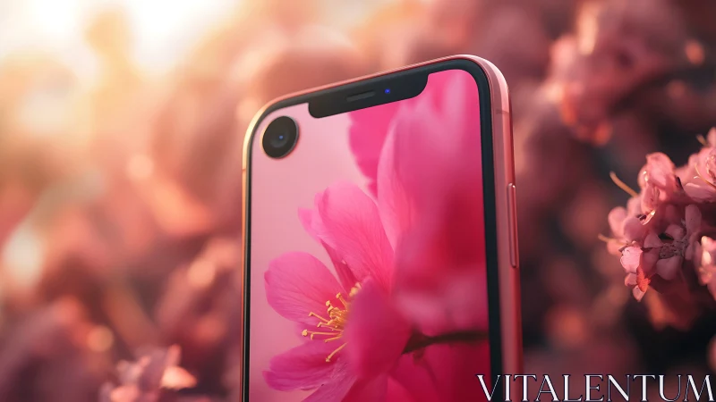 Pink smartphone with floral display wallpaper.