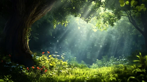 Sunlit forest glade where wildflowers guard quiet magic.