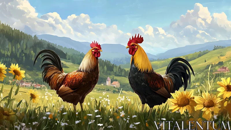 Two Roosters in Alpine Meadow with Sunflowers.