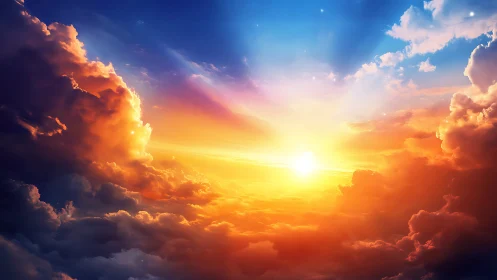 Sunset light across dense clouds in multicolored sky.