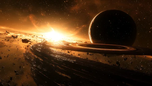 Golden sunrise spills across a ringed planet in deep space