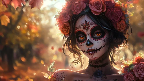 Autumn D&iacute;a de los Muertos muse in glowing rose finery.