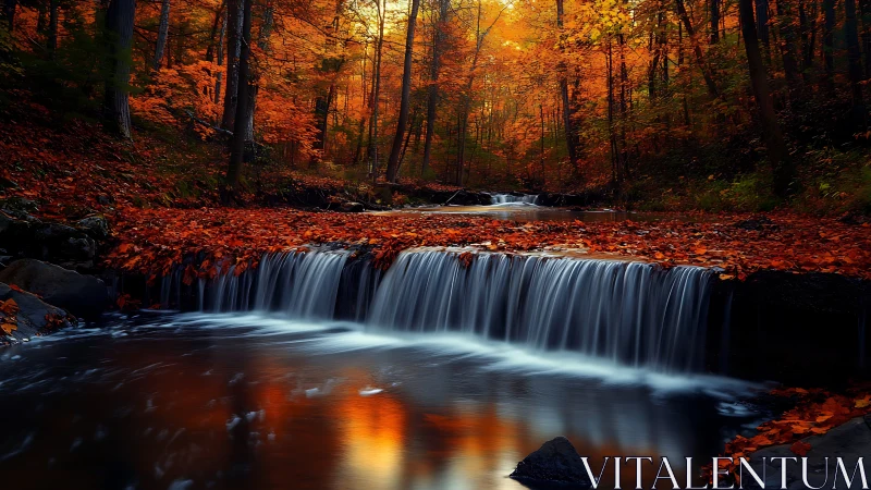 Long-exposure forest cascade under saturated autumn canopy.