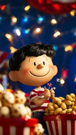 Cartoon boy at festive fair with popcorn and peanuts.
