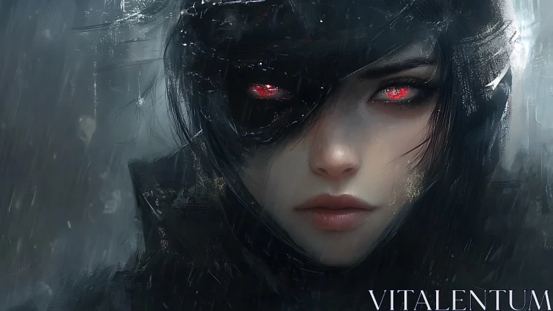 Red eyed woman in dark cyber coat under rainstorm.