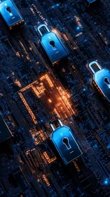 Metallic padlocks secure neon-lit circuitry in deep perspective