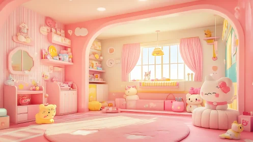 Pastel pink nursery interior with kawaii plush decor.
