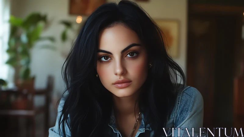 Soft-lit gaze of a dark-haired muse in a cozy studio.