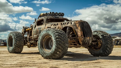 Post‑apocalyptic desert war rig with oversized off‑road tires