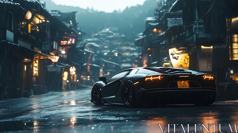 Midnight supercar glides through a neon lit rainy street