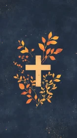 Minimalist gold cross with autumn foliage on textured navy field