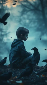 Solitary boy sits among watchful crows in misty forest dusk