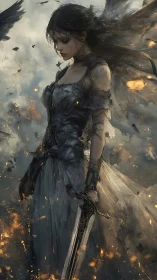 Fallen angel warrior stands in smoldering battlefield storm