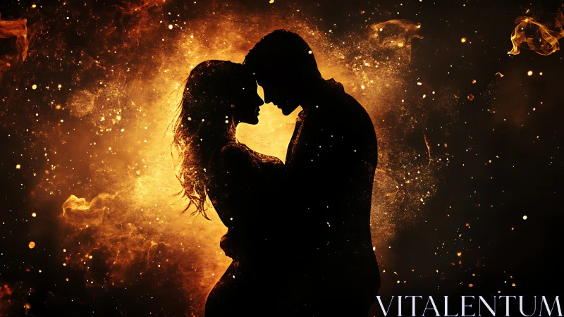 Two figures in silhouette against golden fire and light particles