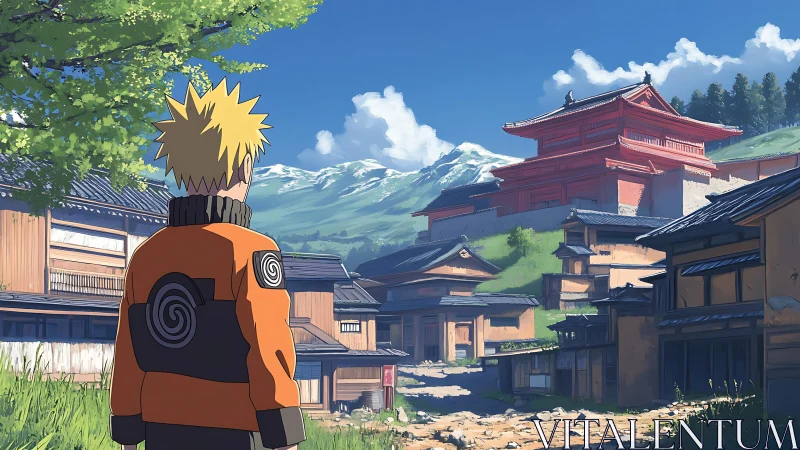 Blond anime figure overlooks mountain village scene.