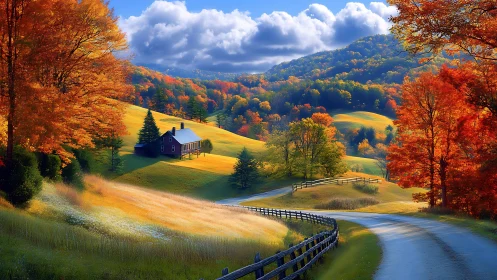Country road curves through vivid autumn hills toward house