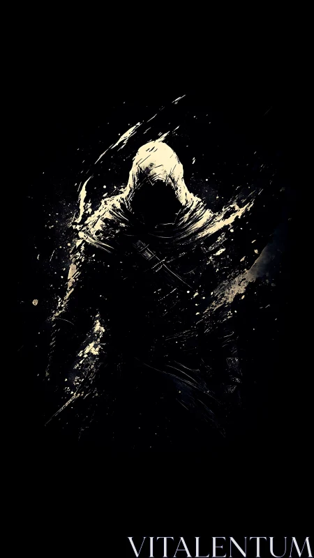 Hooded humanoid silhouette in abstract splatter composition.