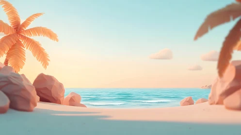 Tropical Cove with Palm Tree and Luminous Sunset Light.