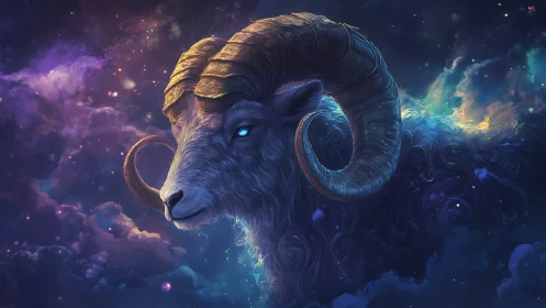 Celestial ram drifting through glowing nebula clouds.