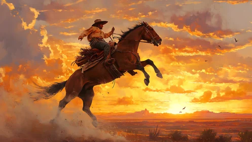 Cowboy on rearing bay horse against blazing desert sunset sky
