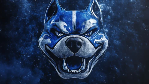 Snarling blue dog mascot erupts from a cosmic haze backdrop.