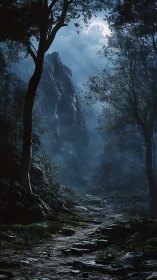 Moonlit Canyon Valley with Silhouetted Deciduous Forest Canopy