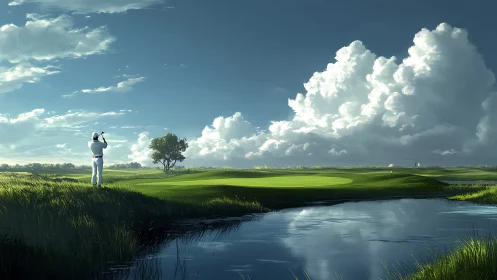 Golfer under towering clouds beside reflective water hazard.