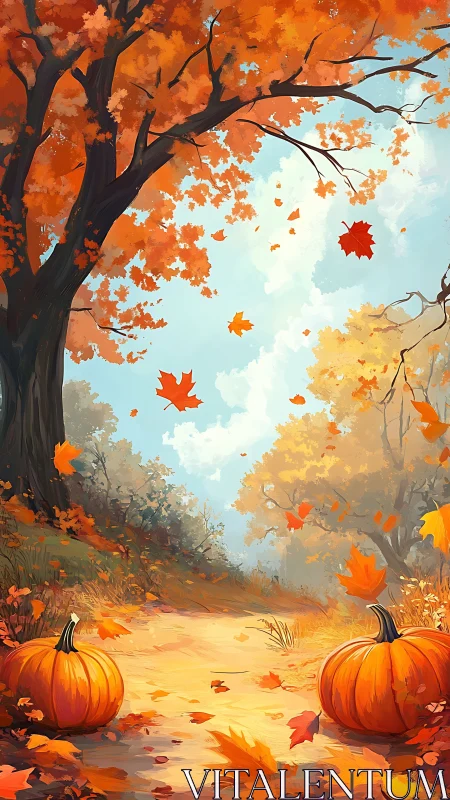 Pumpkins gossip softly beneath a tunnel of flying leaves