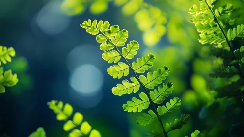 Backlit fern fronds display detailed venation in shallow focus