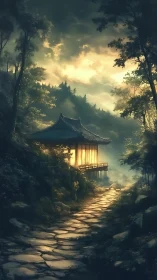 Mountain teahouse glows against misty forest at golden hour