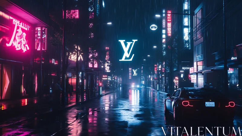 Neon-soaked luxury boulevard under midnight rainstorm glow