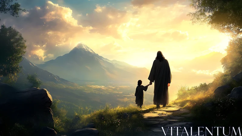 Guiding figure and child walk toward a radiant mountain dawn.