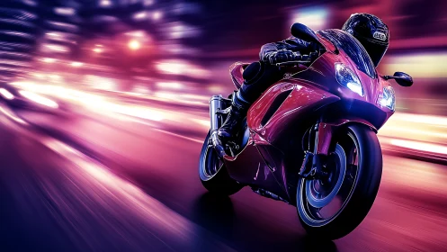 Red superbike slices through neon city streets at speed.