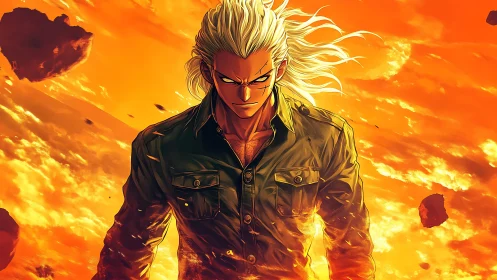 Intense anime warrior in fiery orange sky scene.