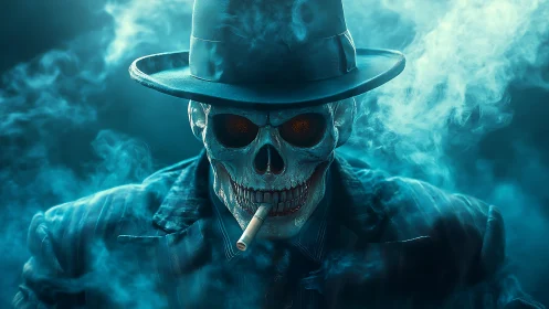 Noir skeletal gangster in hat and suit within volumetric cyan smoke