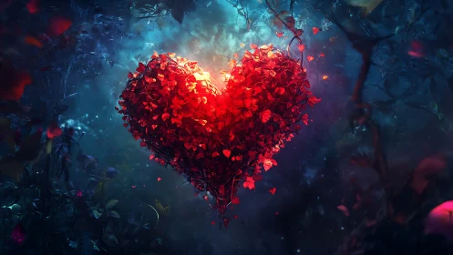 Luminous Heart Composed of Glowing Red Particles in Cosmic Forest