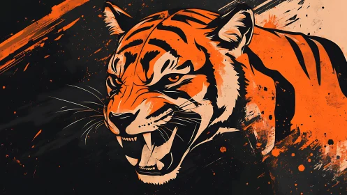 Roaring tiger head bursts from abstract orange black field