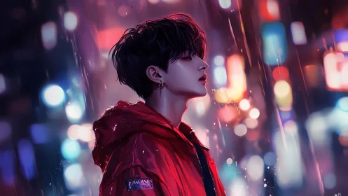 Side profile of youth in red jacket under city rain.