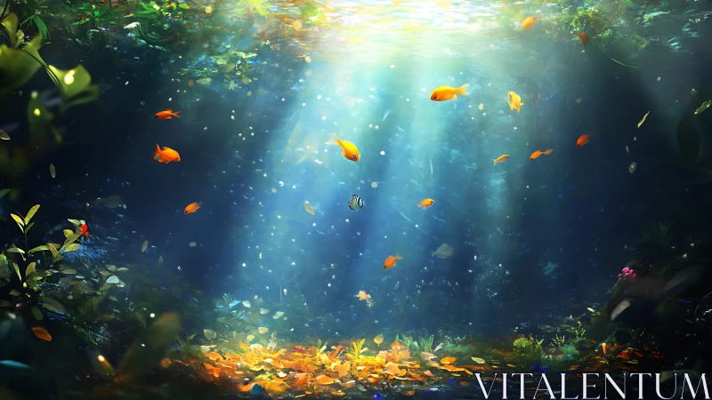 Glowing underwater garden with playful golden fish drifting.
