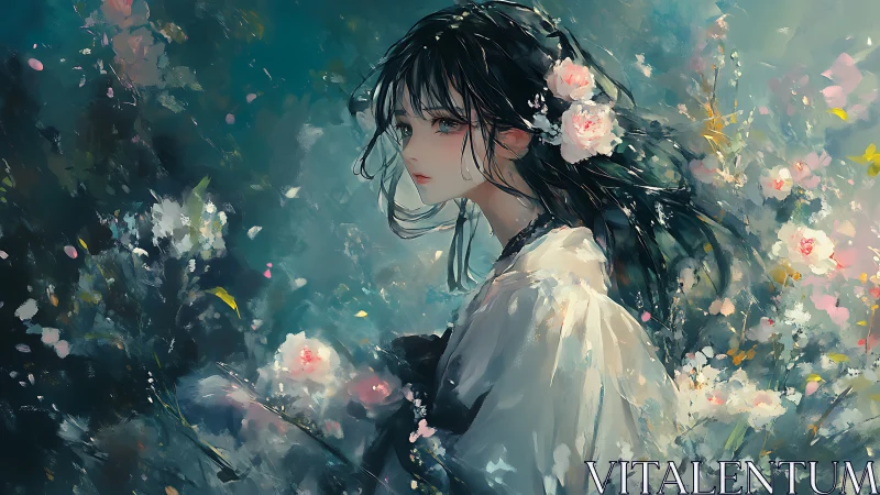 Melancholy bloomkeeper drifting through painted petals.