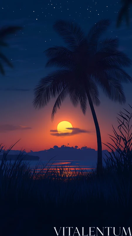 Tropical palm silhouette against vivid sunset moonlit bay.