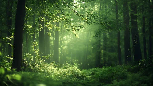 Serene green forest with sunbeams, lush foliage, and tranquil atmosphere.