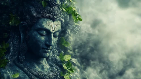 Serene stone deity rests in mist with tender forest foliage