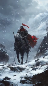 Lone armored rider crosses a stormy mountain snow pass