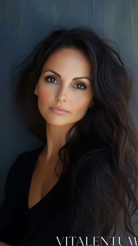 Portrait depicts dark haired woman rendered in soft focus lighting
