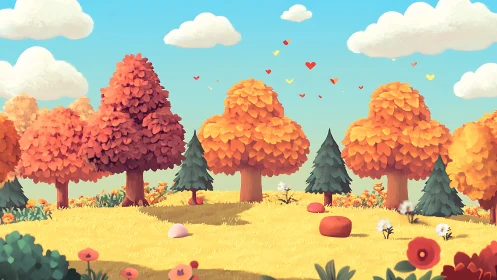 Autumn forest clearing shows stylized trees under clear sky