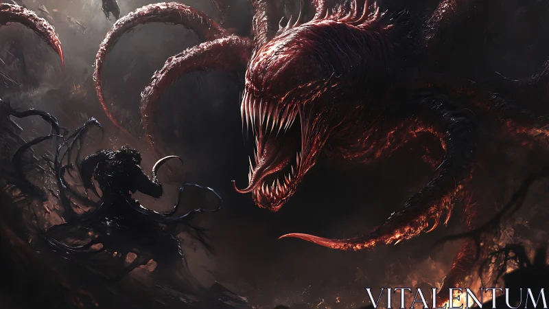 Colossal red maw confronts shadowy warrior in infernal void