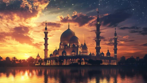 Grand mosque silhouette reflects in fiery twilight sky