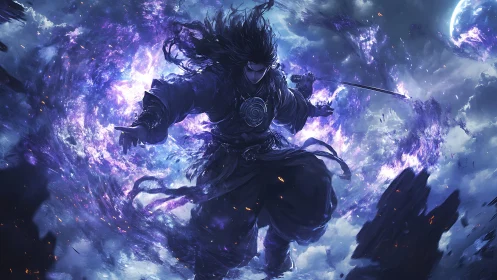 Storm-forged space warrior riding swirling cosmic energy.