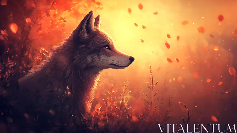 Side-lit fox portrait in glowing orange bokeh foliage field